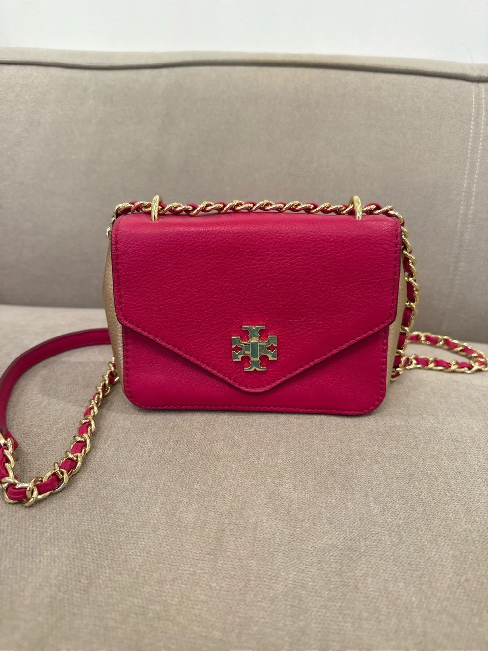 Tory Burch Kira Shoulder Crossbody Leather Bag in Hot Pink and Gold Hardware